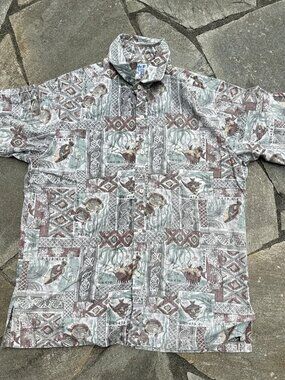 Kai Nani Vintage Hawaiian Shirt Mens Large Brown Green Ocean Life Fish Shells